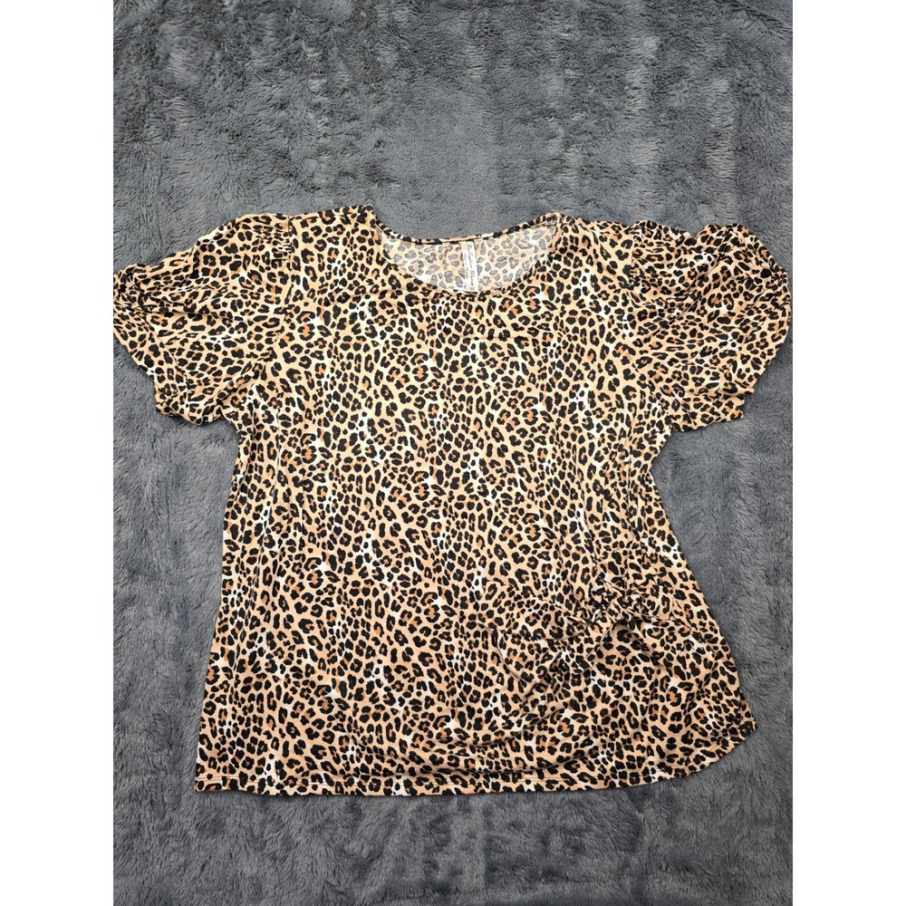 PerSeption Women Leopard Print Side Tie Puff Sleeve Blouse Tan Black 2X
